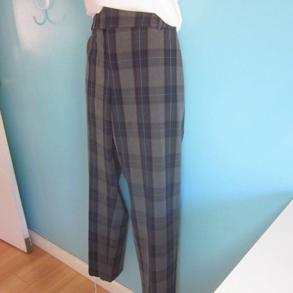 Calvin Klein Womens Size 14 Gray Blue Plaid Work Pants Trousers Unlined